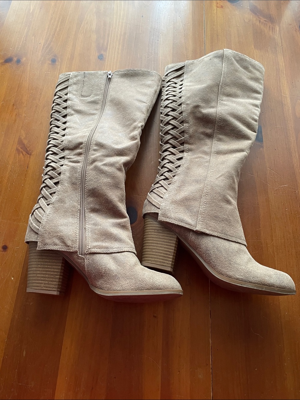Fergalicious Taupe Lace-Up Knee-High Block Heel Boots - Picture 3 of 5